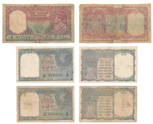 Burma, George VI, Rupees 5, 1938, signed J. B. Taylor, red colour; Rupee 1 (2), 1947, sign