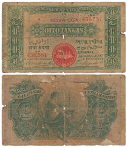 Indo-Portuguese, Oito / 8 Tangas, 2nd issue, 1917, Banco Nacional Ultramarino, red colour 