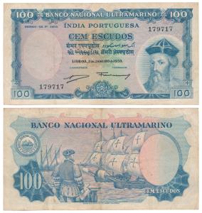 Indo-Portuguese, 100 Escudos, 7th issue, 1959, Banco Nacional Ultramarino, (J&R 12.37.1). 
