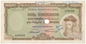Indo-Portuguese, 1000 Escudos, 7th issue, 1959, Banco Nacional Ultramarino, (J&R 12.40.5).