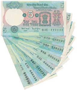 Rupees 5, various signatures, fancy numbers 111111 to 999999. Uncirculated, some Rare. (9)