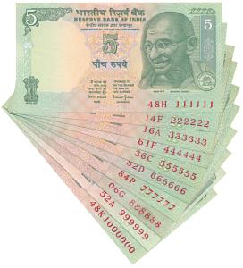 Rupees 5, signed Bimal Jalan, fancy numbers 111111 to 888888 and 1000000; signed D. Subbar