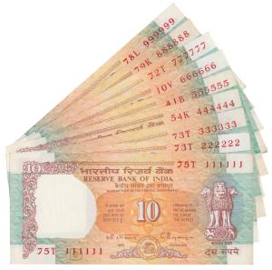 Rupees 10, signed C. Rangarajan, fancy number 111111 to 999999. Uncirculated. (9)