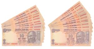 Rupees 10, signed D. Subbarao and Y. V. Reddy, fancy numbers 111111 to 999999 and 100000 t