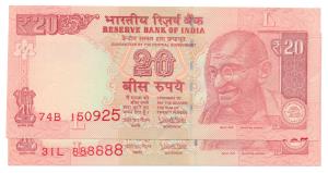 Rupees 20, signed Urjit Patel, fancy number 888888 and another note with no serial number 
