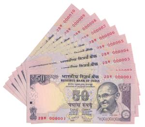 Rupees 50, signed D. Subbarao, fancy numbers 000001 to 000010. Uncirculated.