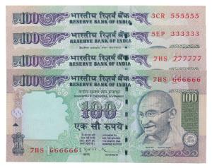 Rupees 100, signed D. Subbarao, fancy numbers 333333, 555555, 666666 and 777777. Uncircula