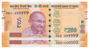 Rupees 200, Urjit Patel, fancy numbers 999999 and 1000000. Uncirculated. (2)