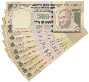 Rupees 500, signed D. Subbarao, set of fancy numbers 100000to 900000 except 300000. Extrem