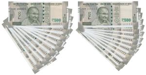 Rupees 500, signed Urjit Patel, fancy numbers 000001 to 000010 and 111111 to 999999 and 10