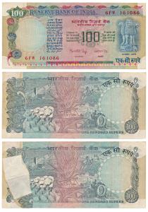 Rupees 100, Manmohan Singh, Error, rev. denomination in the top left corner not printed co