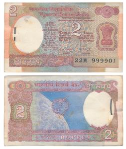 Rupees 2 bundle, signed R. N. Malhotra, 999999 and 1000000 within the bundle, satellite on