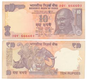 Rupees 10 bundle, 2014, Raghuram Rajan, 666666 within the bundle. Uncirculated. (100)