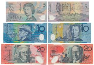 Australia, Dollars 5, 10 and 20, Plastic Money. Extremely Fine. (3)