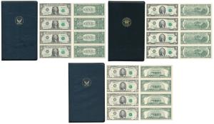 United States of America, Set of 3, Uncut Dollar Sheets within individual Albums, $1, 2 an