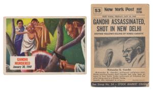 New York Post Advertising Card, headlined Gandhi Assassinated, Shot in New Delhi, Rioting 