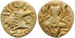 Karkotakas of Kashmir, Vigrahapala, Base Gold Dinara, 5.92g, seated goddess with legend Sh