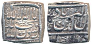 Akbar, Silver Square Rupee, 11.25g, Ahmedabad Mint, AH 995, Kalima type, (KM 82.1). Very F