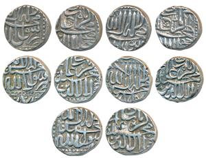 Akbar, Silver Mahmudi (5), each 5.6g, Mulher Mint, AH 985, 995, (1)001, 1025, (1)027, Bagl