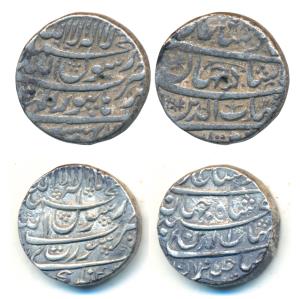Shah Jahan, Silver Rupee (2), Burhanpur Mint, Month Ardibihisht; Surat Mint, AH 104X, both