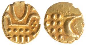 Haider Ali (AH 1174-1197, 1761-1782 AD), Gold Fanam, 0.39g, degenerate kali, rev. Persian 