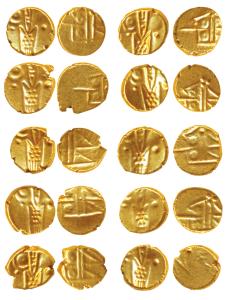 Gold Fanams (10), obv. Kali, rev. the Rangarau legend transformed into a geometrical desig