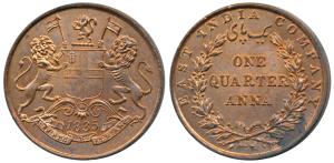 Copper ¼ Anna, 1835, Madras Mint, 23 Berries (12 L+11 R). Uncirculated.