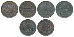 Copper ½ Anna, 1835, obv. coat of arms. Very Fine to Very Fine+. (3)
