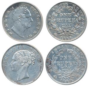 William IV, Silver Rupee, 1835; Victoria Queen, Silver Rupee, 1840, continuous legend. Ver