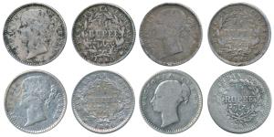Victoria Queen, Silver ¼ Rupee (4), 1840, Continuous legend; Divided legend (3). Fine. (4)