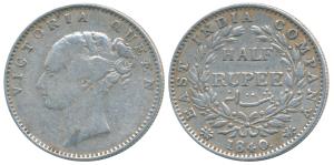 Victoria Queen, Silver ½ Rupee, 1840, Continuous legend. Fine+.