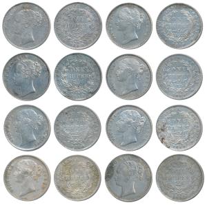 Victoria Queen, Silver Rupee (8), 1840, Continuous legend (3); Divided legend (5). Fine to