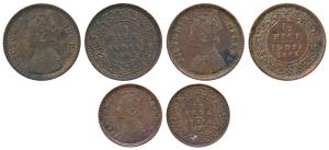 Victoria Queen and Empress, Copper ½ Pice, 1862 and 1885; Copper 1/12 Anna, 1897. Very Fin