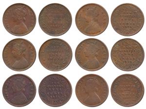 Victoria Queen, Copper ¼ Anna, 1862 (2), 1875 (2), 1876, 1883. Fine to Very Fine+. (6)