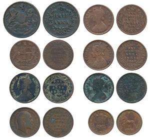 Copper ¼ Anna 1874, 1876, 1886, 1892, 1908; EIC ½ Anna 1835 and ¼ Anna 1858; Republic Indi