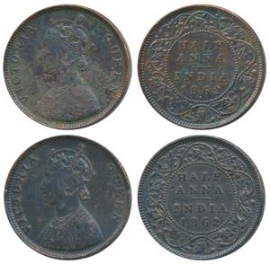 Victoria Queen, Copper ½ Anna, 1862. Fine+ and Very Fine. (2)