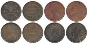 Copper ½ Anna (4), East India Company 1835; British India 1862, 1876 and 1877. About Fine 