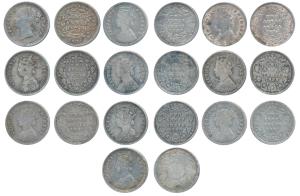 Victoria Queen and Empress, Silver 2 Annas (10), 1841 Divided legend; 1877, 1888, 1889, 18