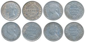 Victoria Queen, Silver ¼ Rupee (4), 1840, 1862, 1876 and 1897. Fine. (4)