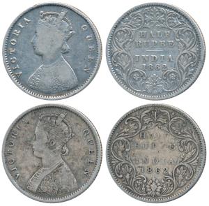 Victoria Queen, Silver ½ Rupee, 1862, Calcutta Mint, A / I, (Prid 255); 1862, Bombay Mint,
