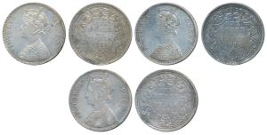 Victoria Queen, Silver Rupee, 1862, three different dot varieties. Very Fine+. (3)