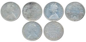 Victoria Queen, Silver Rupee, 1862, 1 / 2; 1879 and 1882, Dot. Fine+ to Very Fine+. (3)