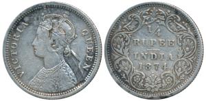 Victoria Queen, Silver ¼ Rupee, 1874, Bombay Mint, A / I / dot, Error, planchet chipped (P
