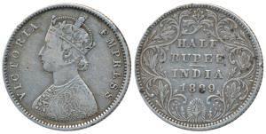 Victoria Empress, Silver ½ Rupee, 1889, Bombay Mint, A / II / B raised, (Prid 299). About 