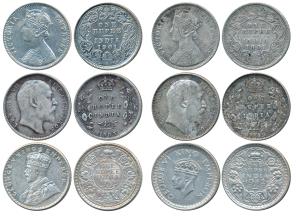 Silver Rupee (5) and Half Silver Rupee, Queen Victoria 1901 (2); Edward VII 1903 (2); Geor