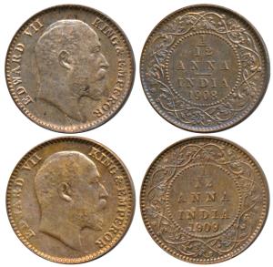 Edward VII, Copper 1/12 Anna, 1908 and 1909, Calcutta Mint. Uncirculated. (2)