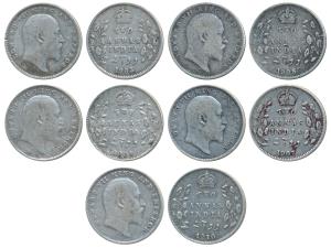 Edward VII, Silver 2 Annas (5), 1903, 1904, 1905, 1907 and 1910. Fine+. (5)
