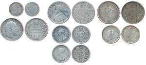 Silver ½ Rupee (3), Edward VII 1907, George V 1918, George VI 1939; Silver ¼ Rupee (3), Ge