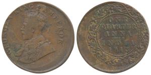 George V, Cupro Nickel ¼ Anna, 1913, Calcutta Mint, Error, 20% off strike. About Very Fine