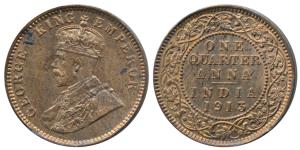 George V, Copper ¼ Anna, 1913, Calcutta Mint. About Uncirculated.
